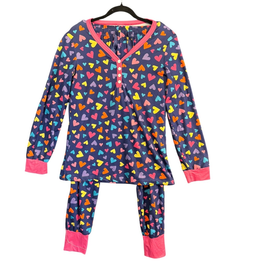 Shirley & Stone Heart Pajama Set‎ Navy Blue Pink Henley Joggers S Buttery Soft